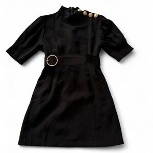 Forever 21 | Black Mini Dress Gold Button Shoulder Belted | Mock Neck | Small